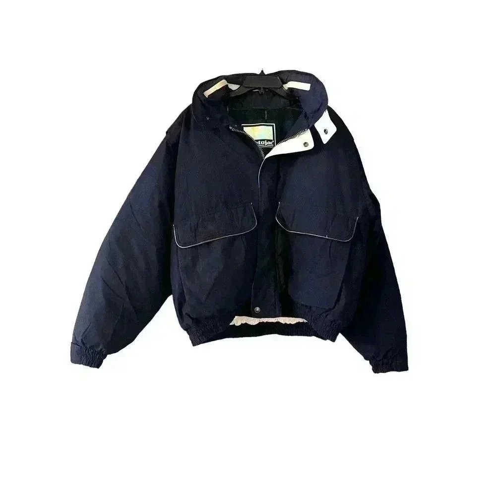 VTG StratoJac Men’s Down Puffer Jacket Size L Full Zip Leather Elbow Patch